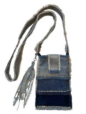 Upcycled One-of-a-kind Denim Crossbody Phone Bag with Rhinestone Trim and Charm